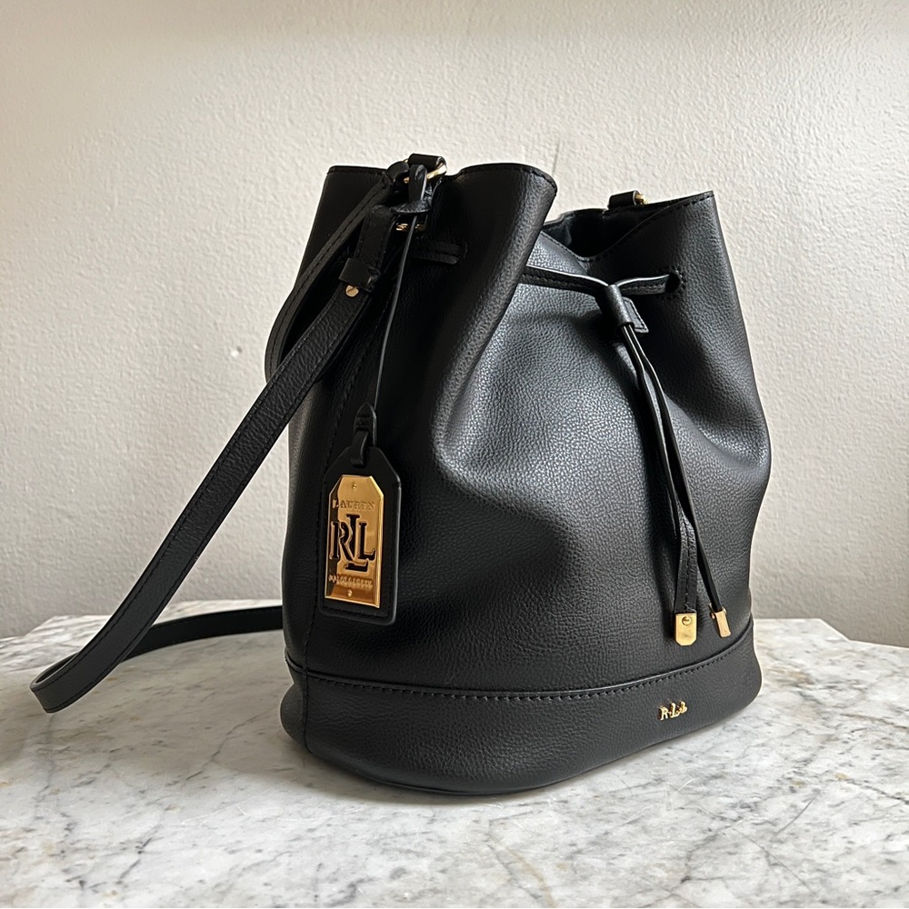 Lauren Ralph Lauren Black Leather Medium Drawstring Bucket Bag